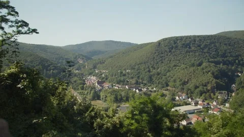 Gorgeous Panorama view from the Top of the Mountain on Village in Valley Video stock 166144818