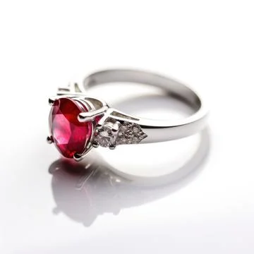 Gorgeous ring features a beautiful ruby surrounded by dazzling diamonds. Stock Photos