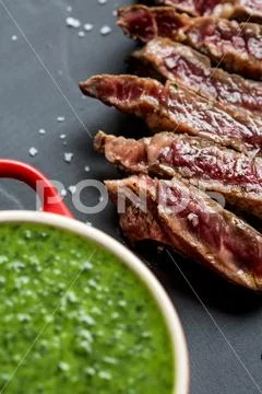 Gorgeous roast beef served with a spreading pan seen from above. Stock Photos