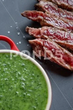 Gorgeous roast beef served with a spreading pan seen from above. Stock Photos