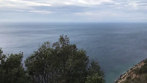 Gorgeous seascape from a high cliff with trees on foreground Stock Footage 84258347