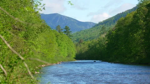 Gorgeous shot of broad river with spring green trees and granite peak. Stock Footage 144460129