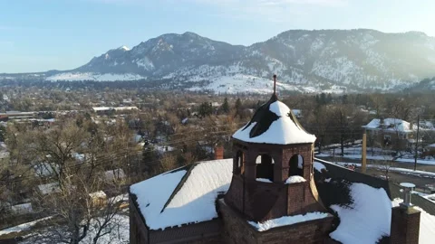 Gorgeous snowed mountains - Drone camera moves up and around city Video stock 138258609
