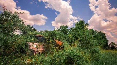 Gorgeous Southern clouds Roll past Rusting Truck in Swamp Timelapse Video stock 61194036