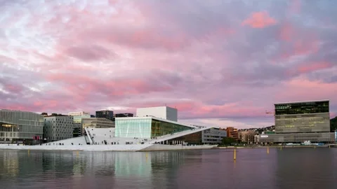 Gorgeous Sunlit Evening Over Oslo's Business District and Riverfront Stock Footage 308194440