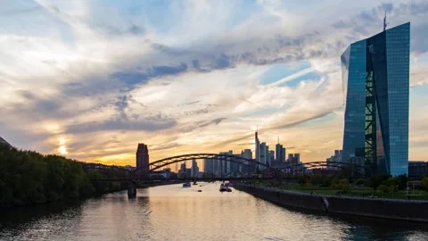 Gorgeous timelapse of Frankfurt sunset with dynamic traffic on illumated bridge Stock Footage 308164844
