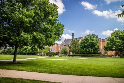 A gorgeous view of the campus while taking a stroll inside of Notre Dame Stock Photos