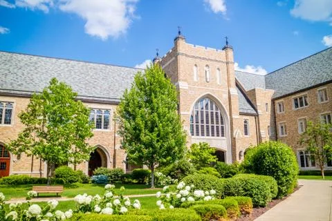 A gorgeous view of the campus while taking a stroll inside of Notre Dame Stock Photos