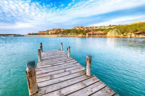Gorgeous view of Porto Cervo from wooden pier Stock Photos