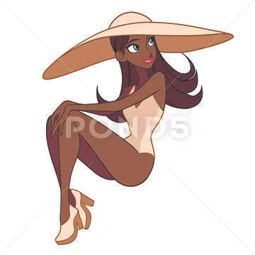 Gorgeous woman with dark hair and blue eyes with an elegant hat on her head Stock Illustration