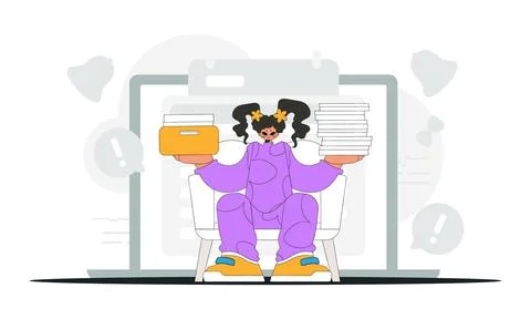 Gorgeous woman holds a stack of documents in her hands. Graphic illustratio.. Illustrazione stock