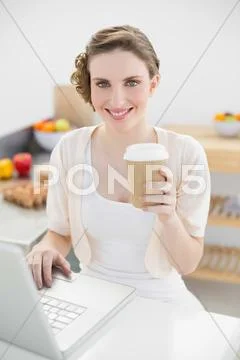 Gorgeous woman using her notebook in her kitchen holding a disposable cup Stock Photos