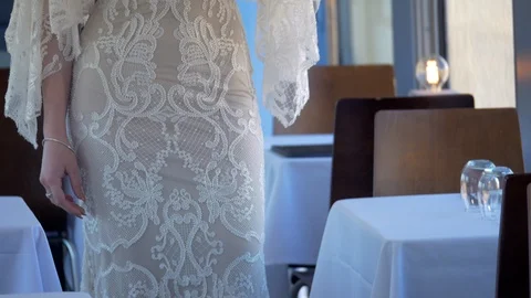 Gorgeous Young Model Wearing Slim Fitting Wedding Gown, TILT UP Video stock 120083473