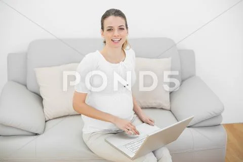 Gorgeous young pregnant woman using her notebook sitting on couch Stock Photos
