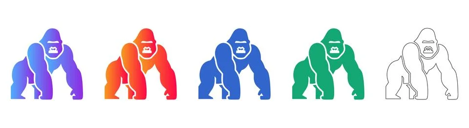 Gorilla Animal Icons in Multiple Gradient and Outline Designs Stock Illustration