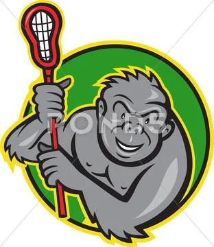 Gorilla ape with lacrosse stick cartoon Stock Illustration
