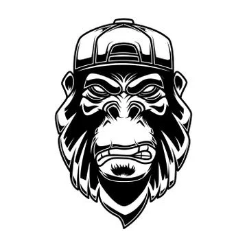Gorilla in baseball cap on white background. Design element for logo, label, Stock Illustration