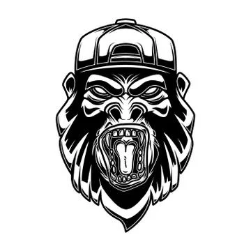 Gorilla in baseball cap on white background. Design element for logo, label, Stock Illustration