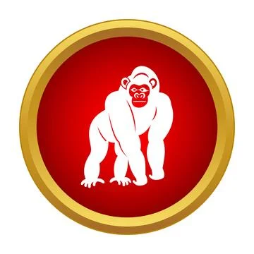Gorilla icon standing within gold framed red circle Stock Illustration