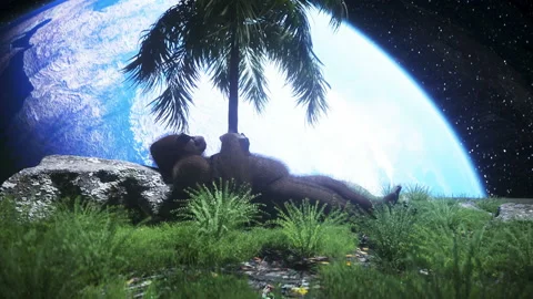 Gorilla idle on the moon oasis. 3d rendering. Vídeos de archivo 132543124