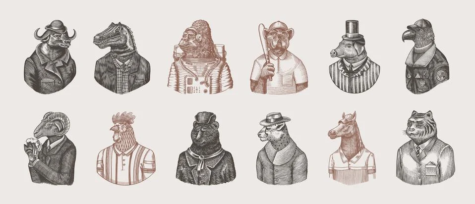 Gorilla monkey astronaut. Eagle aviator pilot Rooster Dinosaur Pig Tiger Bear Stock-Illustration
