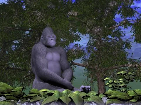 Gorilla monkey thinking - 3D render Stock Illustration