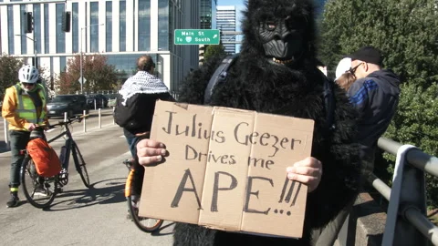 Gorilla Protesting Trump and Miller In Portland Oregon Stock Footage 319558658