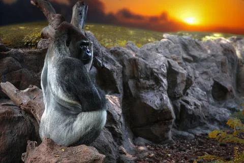 Gorilla sitting on a rock Stock Photos