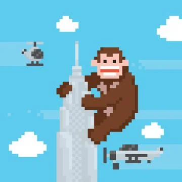 Gorilla on a top of skyscraper old school pixel art vector Ilustración de archivo