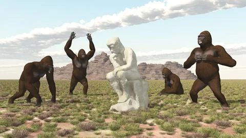Gorillas with thinker sculpture Stock Illustration
