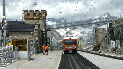 Gornergrat Railway Train Arriving at Mountain Station, Zermatt, Switzerland Stock-Footage 343138800