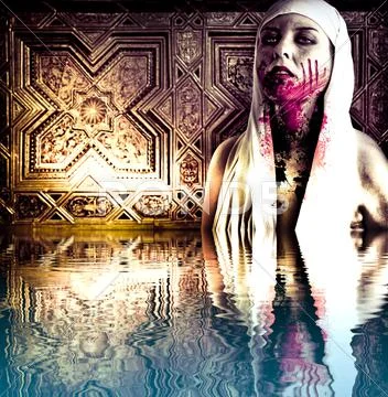 A gory bloody vampire with blood stains. scary zombie girl in the water refle Stock Illustration