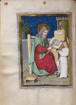 Gospel Book with Evangelist Portraits: Saint Matthew, c. 1480. Hausbuch Mas.. Stock Photos