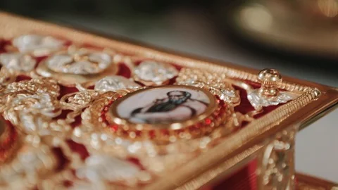 Gospel closeup stands on a table in a temple, Monastery Stock Footage 124265409