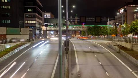 Goteborg Light trails traffic flow of a wide city road at night, timelapse Stock Footage 233658695