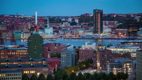 Goteborg skyline sunset timelaspe Two sides of the river city Stock Footage 233657634