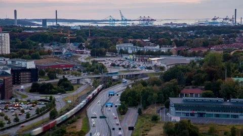 Goteborg skyline timelapse with Interchange highways Night traffic and port Stock Footage 233657389