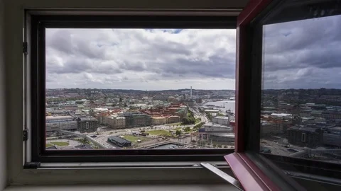 Gothenburg skyline seen from an open window during day. Timelapse. 4K, 30p Vídeos de archivo 78381086