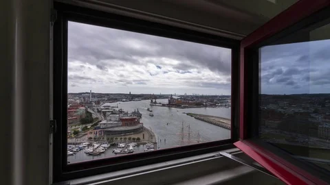 Gothenburg skyline seen from an open window during day. Timelapse. 4K, 30p Vídeos de archivo 79922669