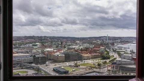 Gothenburg skyline seen from an open window. Zoom out. Timelapse. 4K, 25p Vídeos de archivo 100258905