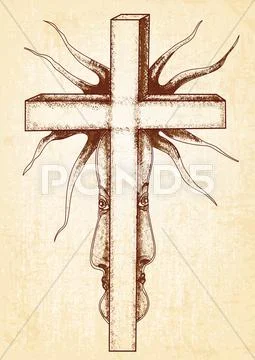 Gothic abstraction with cross on canvas background Stock Illustration
