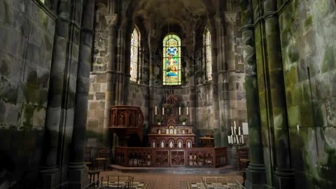 Gothic Altar And Stained Glass Windows Inside Capela De Nossa Senhora Das Stock Footage 338170053