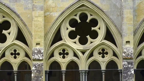 Gothic Arch Window Details in the Cloister of Salisbury Cathedral, England Stock Footage 309635142