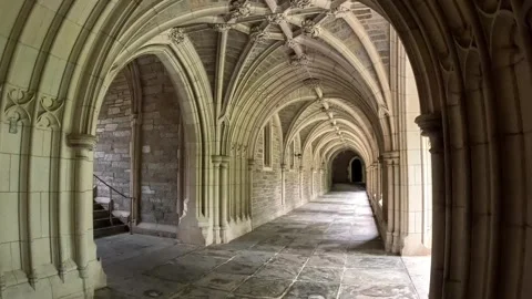 Gothic arched hallway at Holder Hall, Princeton University campus architectur Stock Footage 313346104