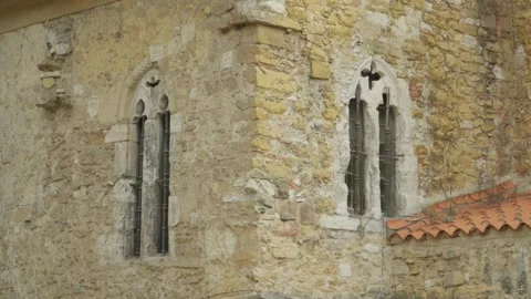 Gothic Arched Windows And Stonework On A Historic Church In Oviedo Stock Footage 345870721