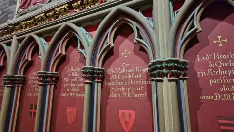 Gothic arches and inscriptions inside Notre Dame de Paris 스톡 동영상 313477571
