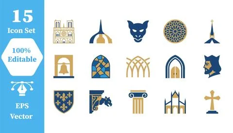 Gothic architecture and cathedral icon set for historical design with cathedr Stock Illustration
