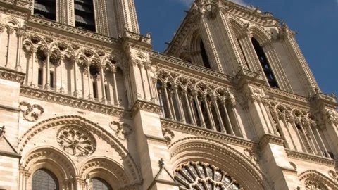 Gothic Architecture and Facade of Notre Dame Cathedral in Paris 스톡 동영상 344089620