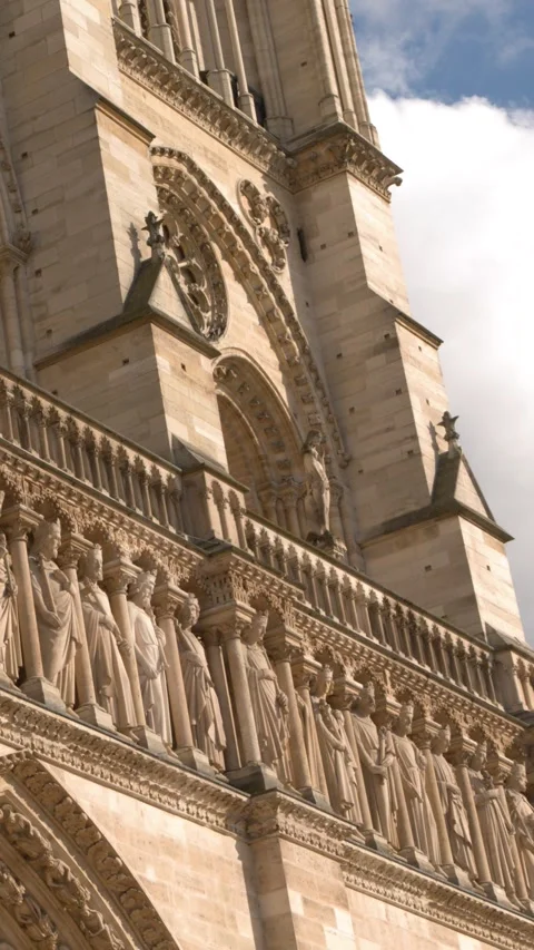 Gothic Architecture and Statues of Notre Dame Cathedral in Paris Stock-Footage 344106237