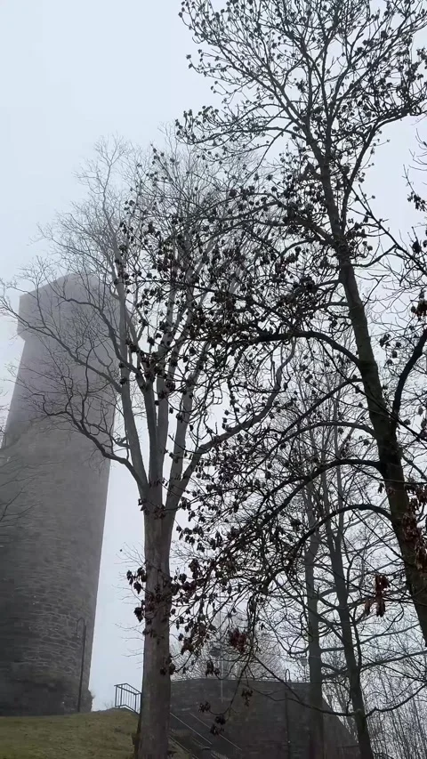 Gothic Auerbach Castle Tower Shrouded in Fog Stock Footage 328927588